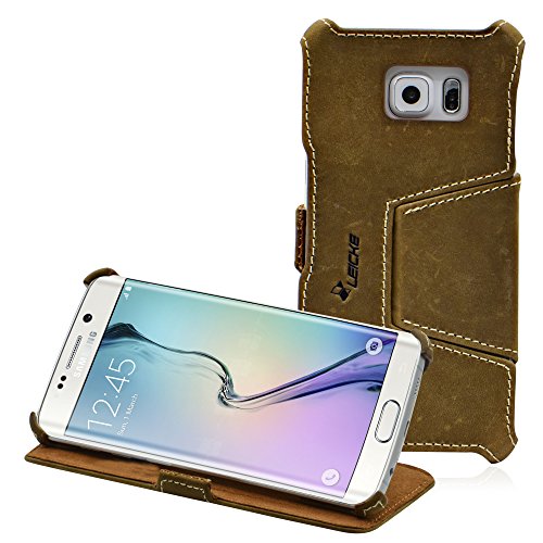 MANNA | Funda de Piel Genuina para Samsung Galaxy S6 EDGE | Función EasyStand | Cuero Nobuk | Color Marrón | LEICKE