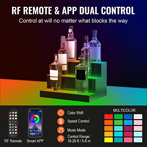 Image of VEVOR LED Lighted Liquor Bottle Display, 3 Tiers 16 Inches, Supports USB, Illuminated Home Bar Shelf with RF Remote & App Control 7 Static Colors 1-4 H Timing, Acrylic Lighted Shelf for 12 Bottles