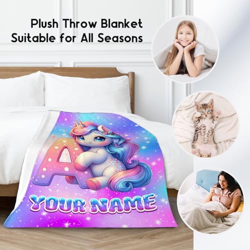 Unicorn Blanket for Kids - Personalized Girls Blankets with Name - Custom Monogram Gift for Children - Soft Flannel Initial Throw for Couch, Bed