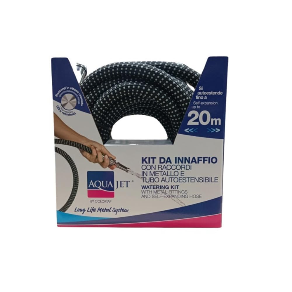 TUBO IRRIGAZIONE GIARDINO ESTENSIBILE 20mt + RACCORDI CROMATI AQUAJET COLORTAP