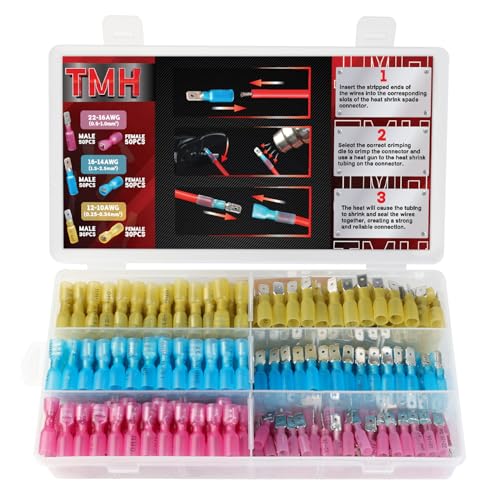 TMH 260 PCS Heat Shrink Spade Connectors AWG 22-10 Electrical Wire Connectors - Female and Male Spade Terminals for Watercraft, Electronics, Automotive Crimp Connectors