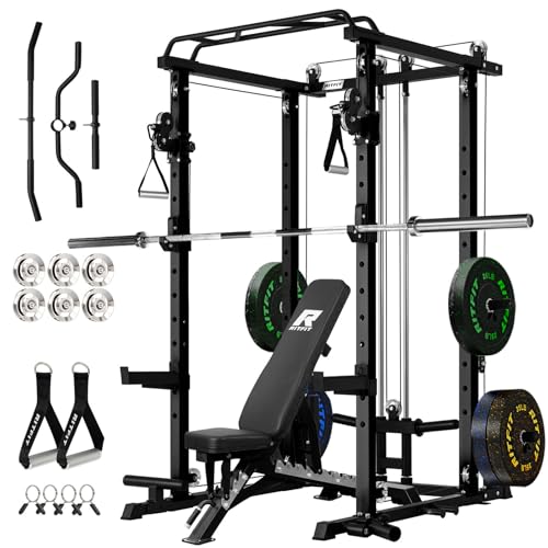 RitFit Squat Rack Power Cage Home Gym Package, Includes 1200LBS Power Rack with Cable Crossover System, Weight Bench, Weight Plate Set with Olympic Barbell (Package 1.6K (Bumper Plate 230LBS))-Black