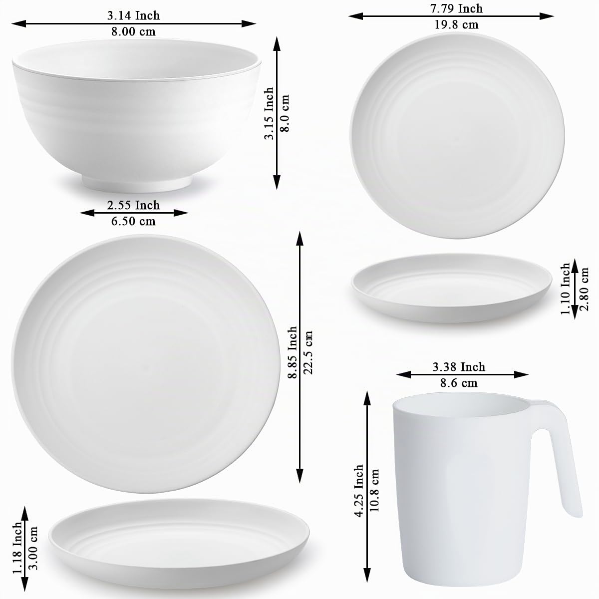 Kyraton Cubiertos de plástico Juegos de 32 piezas, reutilizables Platos ligeros Tazas Cuencos Platos Fácil de llevar y limpiar Microondas Seguro BPA Lavavajillas seguro Servicio seguro para 8