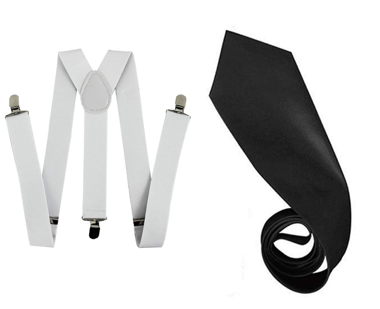 Golden Beads MEN GANGSTER HAT TIE BRACES SET FELT TRILBY AL CAPONE 1920's FANCY DRESS (White, W.Braces+B.Tie)