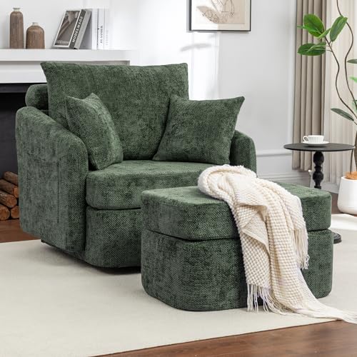 Hobooment 39''W Oversized Accent Chair with Ottoman,Comfy Swivel Lounge Reading Chairs for Living Room,Bedroom (Chenille Green)
