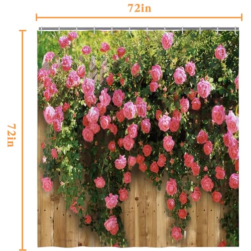 Qucarder Garden Scene Shower Curtain 3D Flowers Pink Floral Wood Fence View Bath Curtain Waterproof Shower Curtains for Bathroom Decor with Hooks 72x72 Inch - Image 6