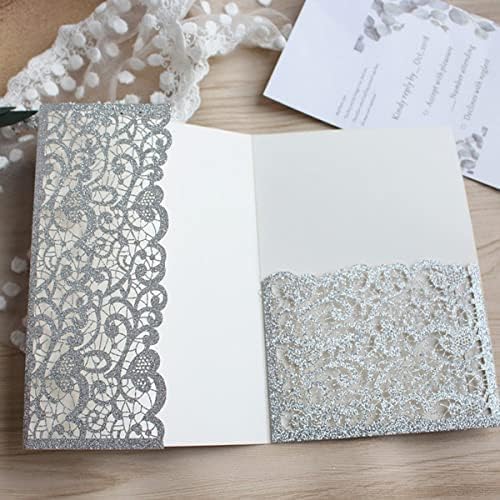 esmen 25pcs Glitzer Vintage Tri Fold Hochzeit Einladungen Karten, Laser Cut Hollow Carving Gruß Einladungen zum Geburtstagsgeburtstag Einladung Einladung