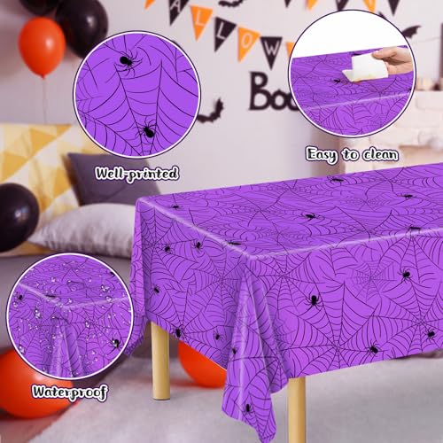 Image of Miucat 3Pcs Halloween Tablecloth - Spider Web Table Cloth, Plastic Disposable for Party Decorations 54 inch x 108 inch (Purple)
