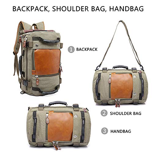 kaka travel Laptop backpack,canvas rucksack duffel bag laptop weekender travel carry on bags for men,mens canvas rucksack laptop backpack fit 15.6'' Notebook with hidden shoulder strap ,Green