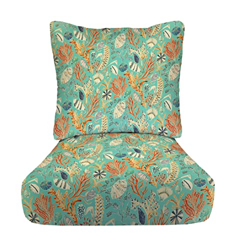 RSH Décor Indoor Outdoor Pillow Back Deep Seating Cushion Set, 24”x 27” x 5” Seat and 25” x 21” Back, Choose Color (Ocean Life Blue)