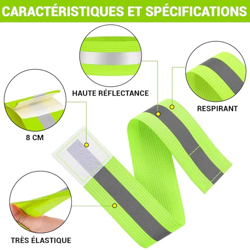 4 Brassards Réfléchissants Fluo Running 1 Bande, Fermeture Réglable 8 cm – vue 3