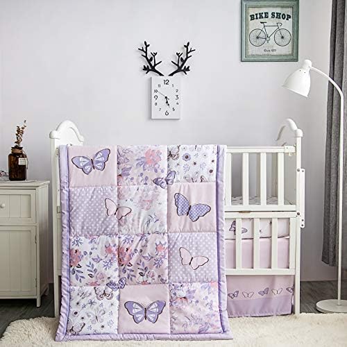 La Premura Butterfly Baby Nursery Crib Bedding Set for Girls – Butterfly 3 Piece Standard Size Crib Bedding Sets in Pastel Pink and Purple