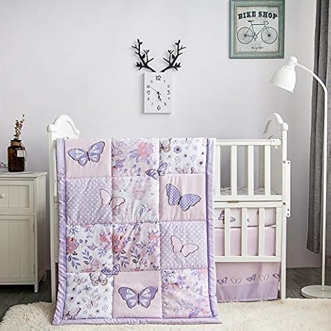 La Premura Baby Crib Bedding Set for Girls, Lilac Butterfly 3 Piece Standard Size Crib Set for Baby Girl with Fitted Crib Sheet, Comforter and Crib Skirt, Pastel Pink & Purple Butterfly Nursery Decor Cover