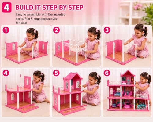 Image of 4-Storey Dream Dollhouse Villa Play Set with Furniture, Puppy & Garden Accessories | Large DIY Doll House for Girls | Educational Pretend Play Toy (Pink)