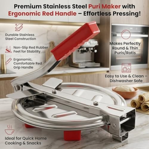 Image of Heavy-Duty Stainless Steel Roti /Tortilla Press with Handle - Manual Flatbread Maker for Chapati, Paratha, Puri & More - 6.50-Inch Plate, Easy to Use & Clean (Random Color & Random Design)
