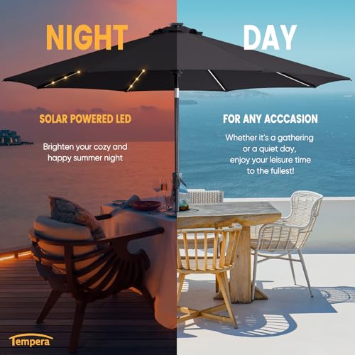 Image of Tempera Patio LED Umbrella with Light | Solar Outdoor Umbrella | Market Table Parasol with Push Button Tilt and Crank, with Sturdy Pole & Fade Resistant Canopy, Easy to Set