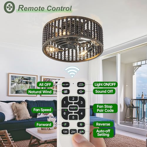 Image of Ceiling Fans with Lights and Remote - Bulbs Included, Caged Fandelier with Handcrafted Beaded Decor 19 inches Reversible Flush Mount Installation Ceiling Fan, Gloss Black
