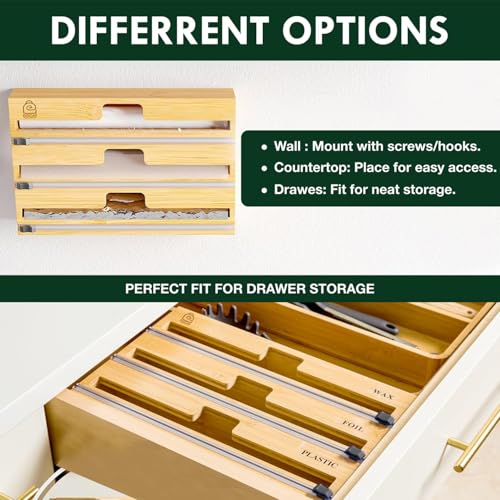 Image of DOCAT Foil Paper Cutter and Holder, 3 in 1 Aluminum Foil and Plastic Wrap Organizer for Drawer and Wall, Compatible with Cling Film, Tin Foil and Wax Paper (Bamboo)