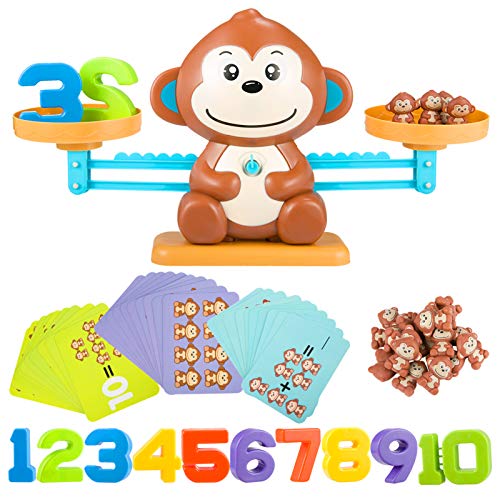 Biubee Monkey Balance Match Toys- Lovely Monkey Shape Balance with Little Monkey Weights, Digital Models and Cards Educational Montessori Toys Math Counting Teaching Games for Children Learning