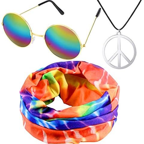 Hippie Costume Set, include Hippie Headband, Peace Sign Necklace and Hippie Style Glasses for 60s 70s Theme Parties or Halloween (Color Set 1) Cover