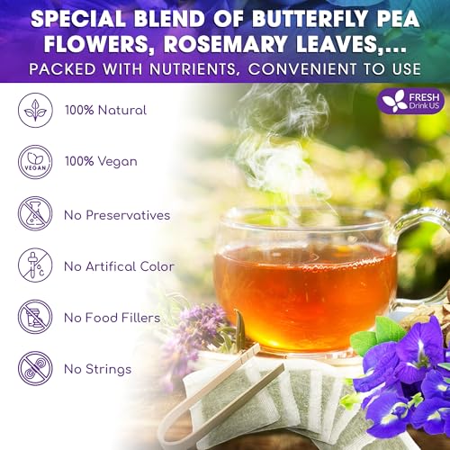 Image of FreshDrinkUS, Clarity Calm Butterfly Pea Flower Tea - 60 Tea Bags Herbal Blend of Butterfly Pea Flower, Rosemary, Moringa, Lemongrass & Licorice Root - Caffeine-Free. Sugar-Free. Gluten-Free. Vegan