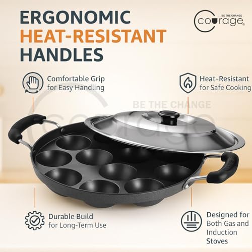 Image of Courage Non-Stick Appam Pan with 12 Cavities & Stainless Steel Lid | Appam Pan with Double Handle | Appam Maker | Litti Pan | Appam Pan | Dishwasher Safe (1, Black)