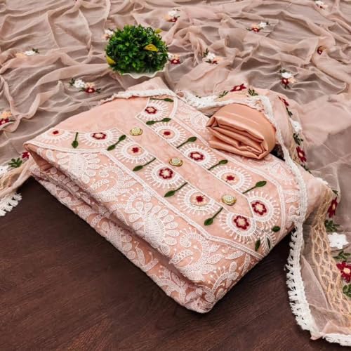 Image of Sidhidata Women's Heavy Chanderi Cotton Embroidery Work Unstitched Salwar Suit Dress Material With Nazmin Work Dupatta (Free Size)