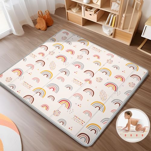 Image of Foldable Baby Play Mat, PIGLOG Waterproof Playmats for Babies and Toddlers Kids, Safe Foam Playmat for Tummy Time, 50x50 Playpen Mat, Reversible Portable Baby Floor Mat for Infant, Toddler(Rainbow)
