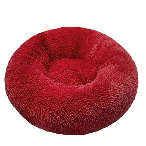 Calming Dog Bed Donut Cat Bed Washable Detachable Round Pillow Faux Fur Anti Anxiety and Cozy Bed Red Diameter 50cm