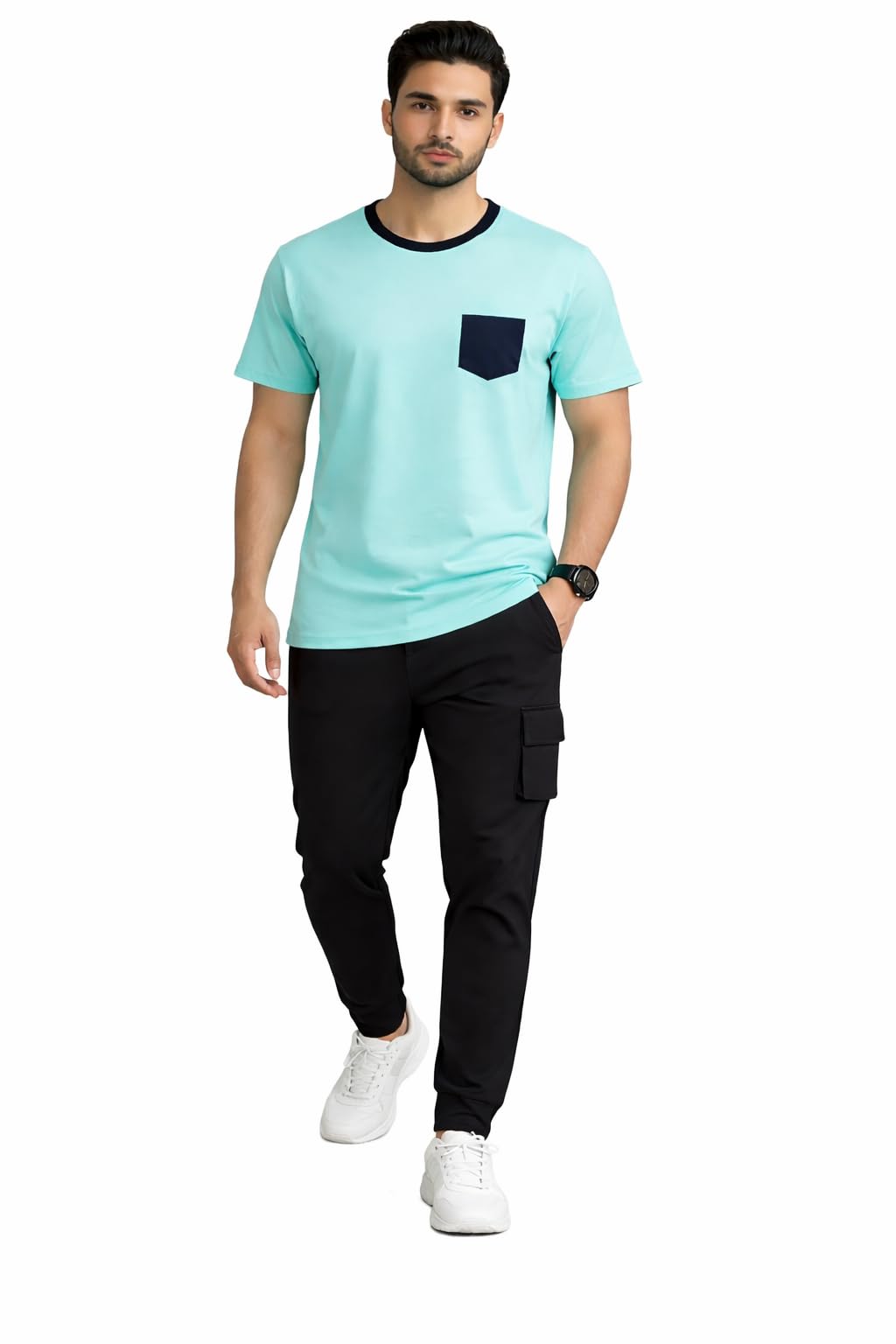 Men's Polyester Tracksuit Set, Mint Green Round Neck T-Shirt with Contrast Pocket, Black Trackpant, Regular Fit (IN, Alpha, S, Regular, Multicolor)-image-31