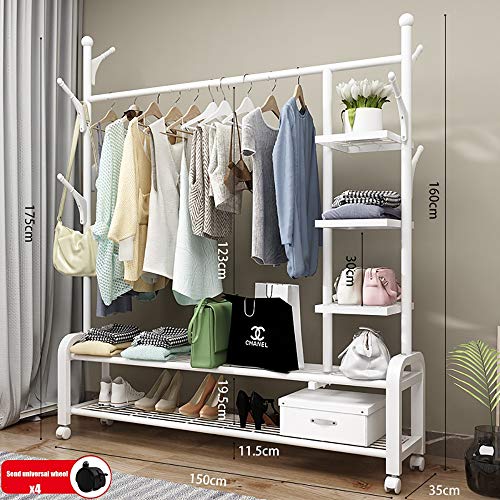 JANRON Perchero de Ropa Perchero con Repisa Estante de Secado con Ruedas Rejilla para Zapatos Perchero de Pie Perchero con Banqueta Almacenaje Multiusos de Entrada - 150x 35 x 175cm