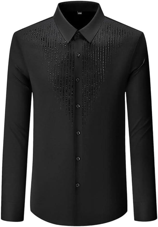 Men Rhinestone Long Sleeve Shirt Social Banquet Party Business Office Stage Performance Costume