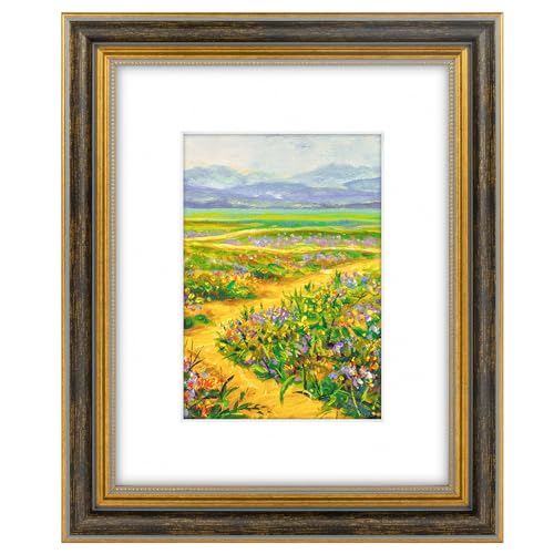 Image of Golden State Art,8x10 Ornate Picture Frame Holds 5x7 Photo,Black Gold | Includes real glass front,white mat,easel stand,build-in hangers and buttons.Displays 5x7 photo on wall or tabletop