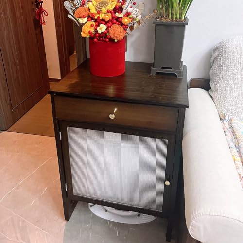 Armario de madera rústica para aspiradora robot y mesita de noche con cajón