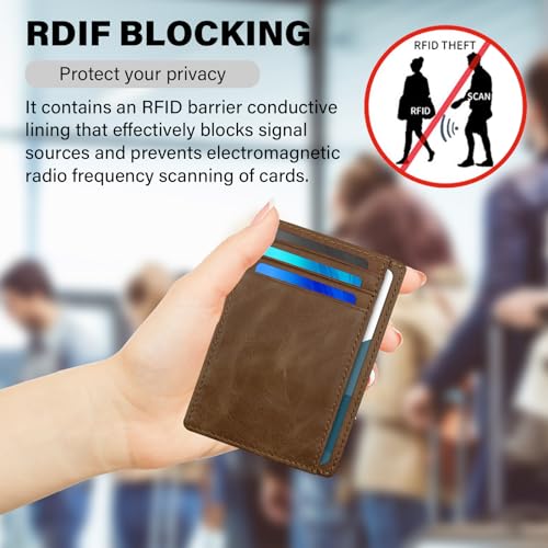 RFID Blocking Slim Genuine Leather Credit Card Holder Front Pocket Wallet for Men with ID Card Window Work Travel (Seattle Brown)3