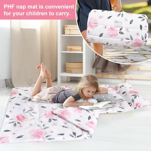 Image of PHF Soft Toddler Nap Mat with Removable Pillow, Rollup Design Kids Sleeping Mat, Slumber Bags for Girls, 50 inchx20 inch Toddler Sleeping Bag for Daycare Preschool Travel Camping, Pink Floral