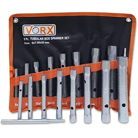 Vorx Box Tubular Spanner Set 8pc with 1 Two Step Tommy Bar Double Ended Metric 6x7mm to 20x22mm, Zinc Plated, Supplied in Heavy Storage Wallet, Heavy Duty Box Spanners Cover