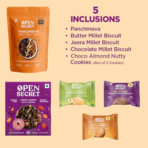 Image of Open Secret Premium Gift Hamper | Combo of 5 | Ideal Gifting for Christmas, Secret Santa & New Year Season | Healthy Assorted Snacks & Cookies | Panchmeva, Jeera, Chocolate & Butter Biscuits, Cookies | Dry Fruit Gift Box, Chocolate Gifts, Dry Fruits, Healthy Premium Hamper, Gifts for colleagues, Employee Gifting
