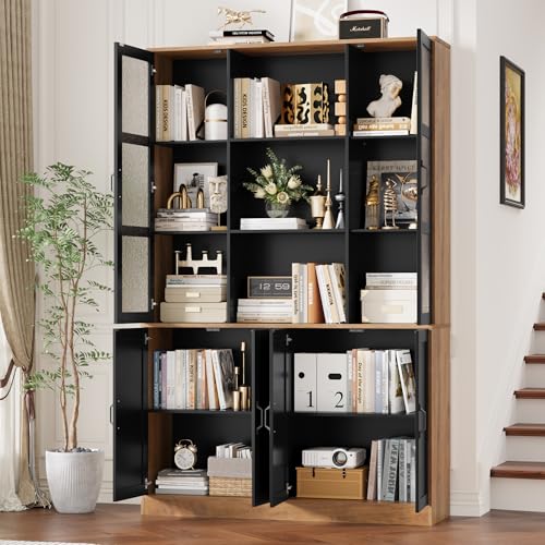 Image of FINETONES 71 inchH Black Bookcase with Doors, Double Wide Bookshelf and Bookcase with Doors, Large Bookshelves Storage Cabinet with 13 Compartments, Tall Storage Cabinet Display Organizer for Living Room