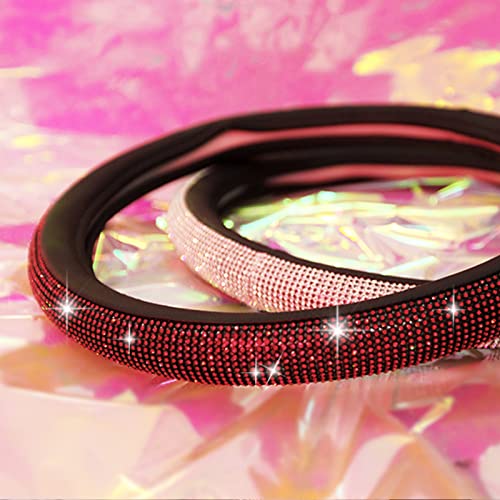 Car Pass Red Diamond Black Leather Steering Wheel Cover, With Bling Crystal Rhinestones Universal Fit 14" 1/2-15" Crystal Glitter For Women Sparkle Girl Fit Suvs,Vans,Sedans,Cars,Trucks, Red Diamond #TOP7