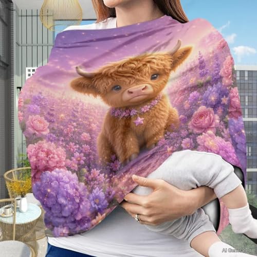 Image of Wanyint Infant Car Seat Cover Stretchy Nursing Scarf Car Seat Canopy Shopping Cart High Chair Cover Protect Babies Breastfeeding Mothers, Highland Cow Floral Purple