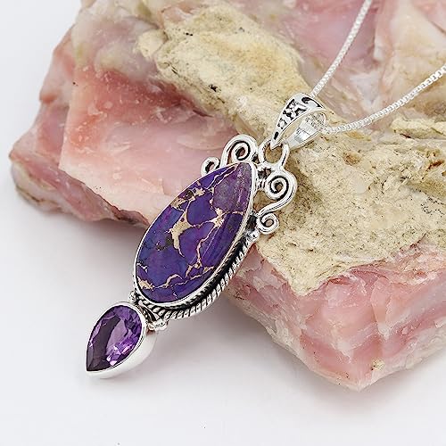 Pendentif améthyste et turquoise en argent sterling chic en forme de goutte d'eau