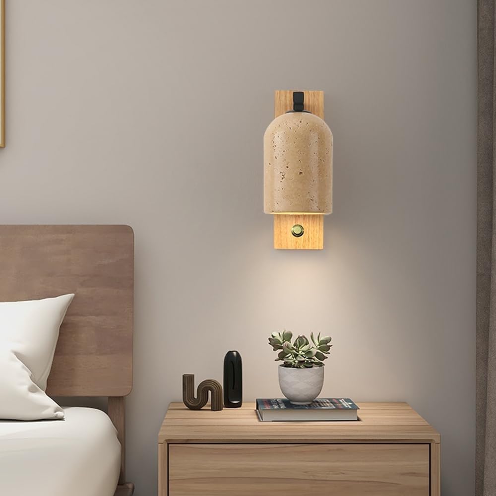 Applique Murale en Bois Massif, Applique Murale Japonaise en marbre Jaune Wabi-sabi, luminaires muraux de Style crème for Chambre à Coucher, Chevet, Salon, luminaires muraux câblés (Color : A)