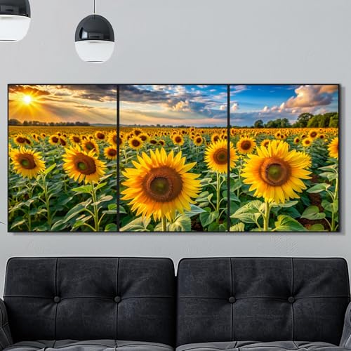 ひまわりの絵向日葵画花絵。キャンバスに描かれた壁掛けアートプリントで、アルミニウム合金フレーム付き。耐久性のある頑丈なバックボードを使用しており、厚さ2.5cm、サイズ40x30cmの3枚セットです。