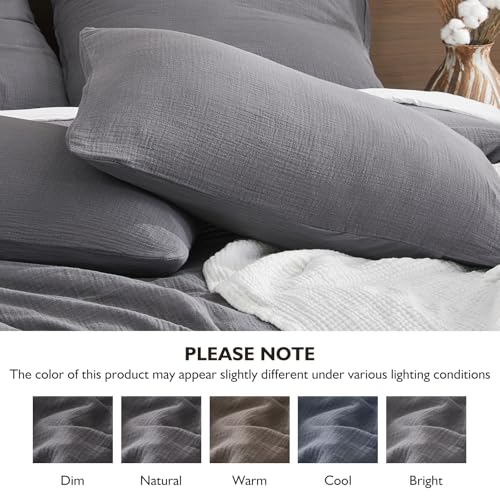 Image of EMME Muslin Cotton Duvet Cover Set Queen Size Linen Like Soft Breathable Lightweight Summer Comforter Cover Set with Zipper Closure (Dark Grey, Queen, 90 inchx90 inch)
