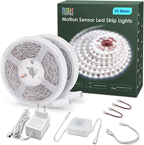 RGH LED Strip mit Bewegungsmelder, 20M Weiß LED Steifen Selbstklebend mit 3 Timing Aus für Wohnzimmer,Schlafzimmer,Küche,Treppe, 6000K