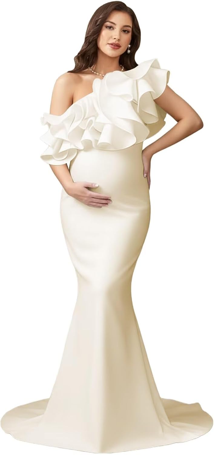 Ruffles One Shoulder Maternity Photoshoot Dress Ruched Pregnancy Gown Mermaid Satin Baby Shower Dresses CSM67