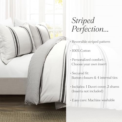 Image of Lush Decor Farmhouse Stripe Reversible Cotton Duvet Cover Set 3 Piece Set, Full / Queen Black - Bedding Set - Striped Duvet Cover Queen Size - Farmhouse Decor
