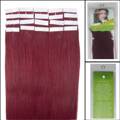 16-24 Inch Color Long 17 Colors 5 Length Tape in Premium Remy Human Hair Extensions_20 Pcs Set 70g Weight Straight Women Beauty Salon Style Design (20inch 50g with 20pcs, Bug/wine red)