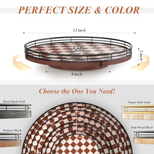 Image of Brown Checkered Lazy Susan Decorative Tray, 12 Inch Round Rotating Tray with Black Metal Rail, Wood Turntable for Coffee Table Decor, Dining Table Centerpiece, Candle and Vase Display